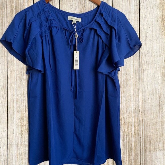Max Studio Tops - NWT Max Studio Cobalt Blue Ruffle Cap Sleeve Blouse Women’s Small